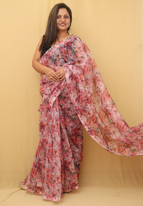 Multicolor Digital Print Floral Organza Saree - Luxurion World