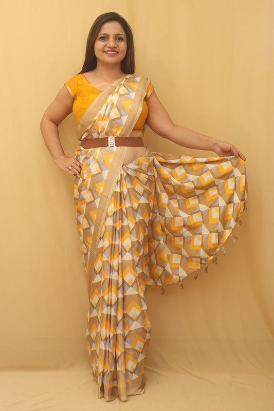 Yellow Digital Printed Silk Saree