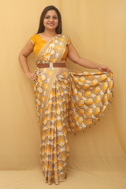 Yellow Digital Printed Silk Saree - Luxurion World