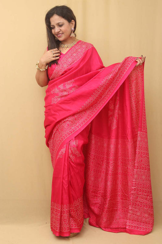 Pink Digital Printed Bandhani Design Silk Saree