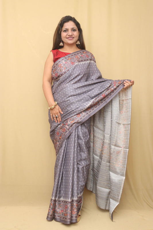 Grey Digital Printed Ikat Silk Kalamkari Border Saree - Luxurion World