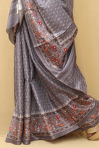 Grey Digital Printed Ikat Silk Kalamkari Border Saree - Luxurion World