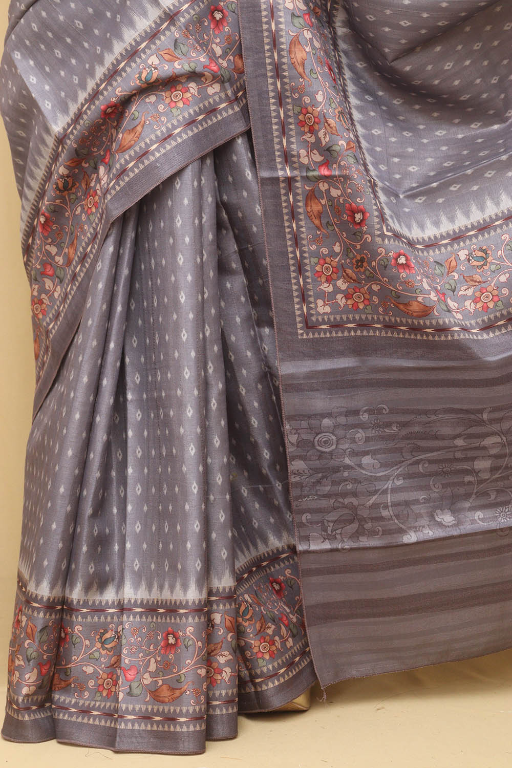 Grey Digital Printed Ikat Silk Kalamkari Border Saree - Luxurion World