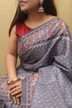 Grey Digital Printed Ikat Silk Kalamkari Border Saree - Luxurion World