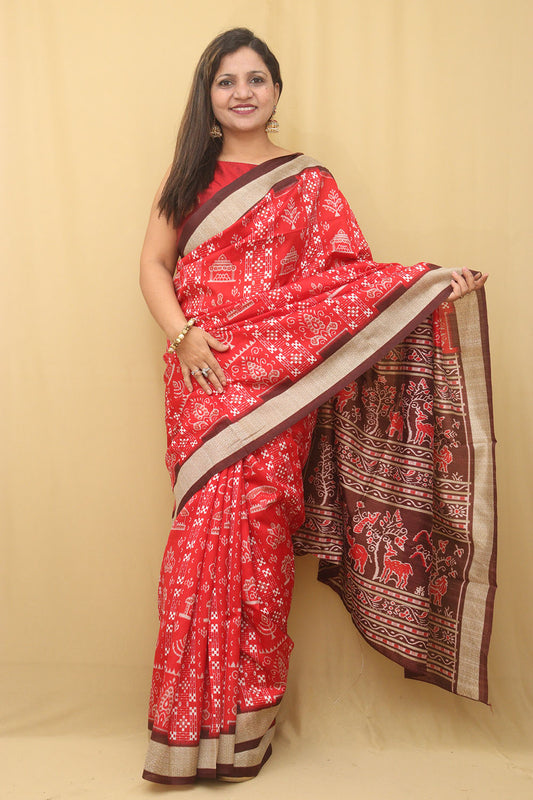 Red Digital Printed Silk Sambalpuri Print Saree - Luxurion World