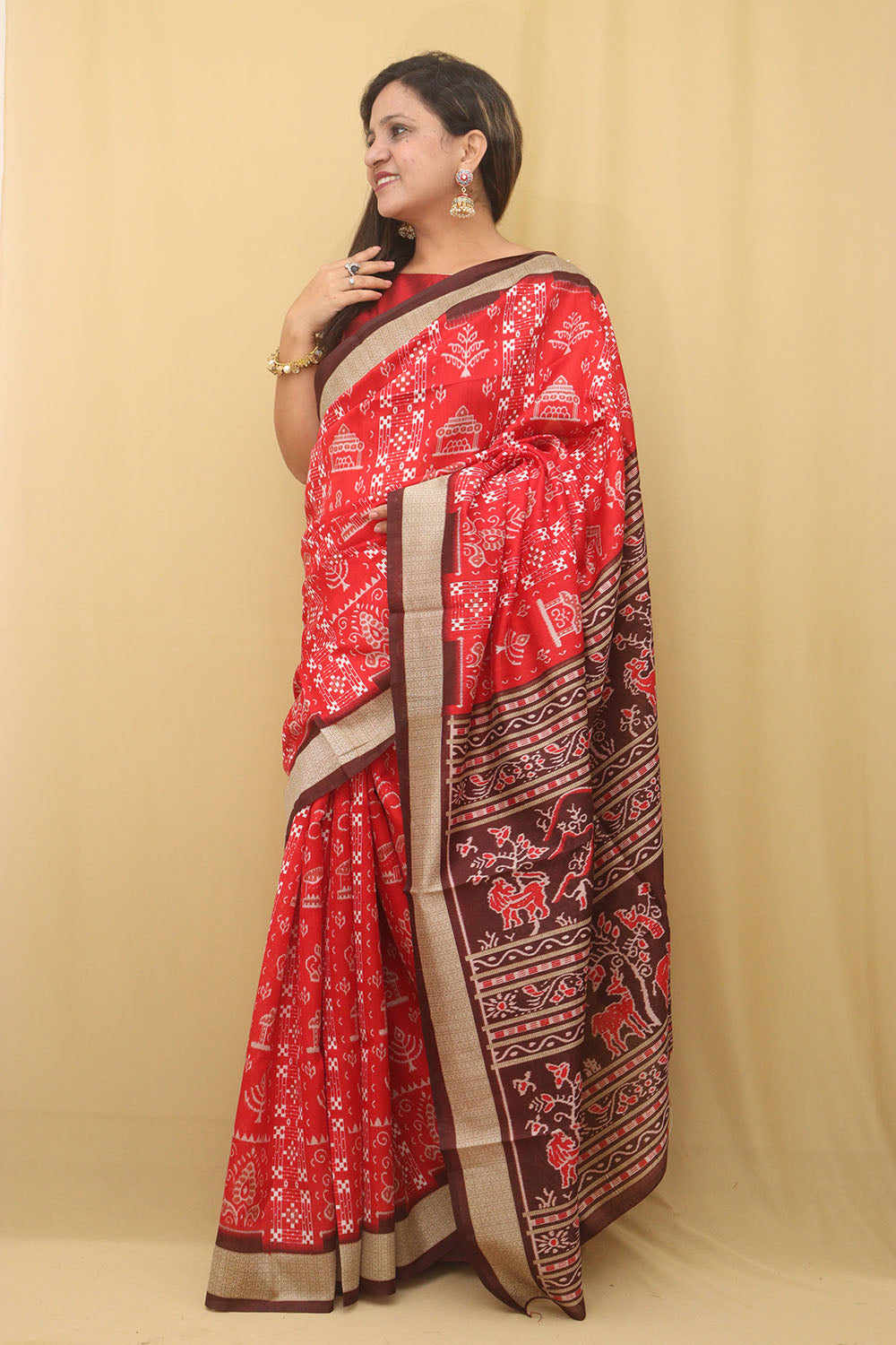 Red Digital Printed Silk Sambalpuri Print Saree - Luxurion World