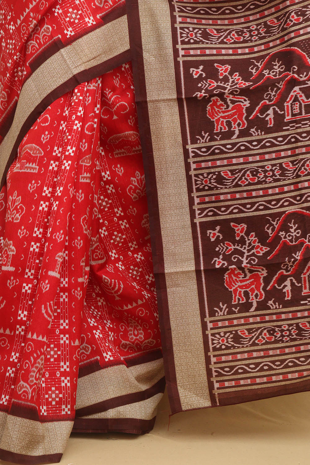 Red Digital Printed Silk Sambalpuri Print Saree - Luxurion World