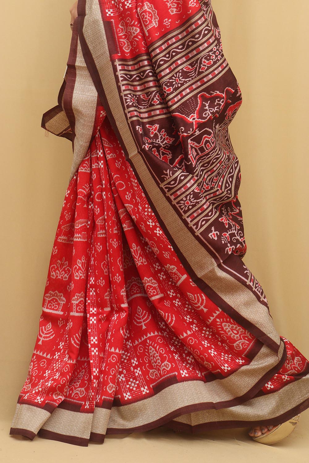 Red Digital Printed Silk Sambalpuri Print Saree - Luxurion World