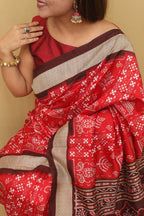 Red Digital Printed Silk Sambalpuri Print Saree - Luxurion World