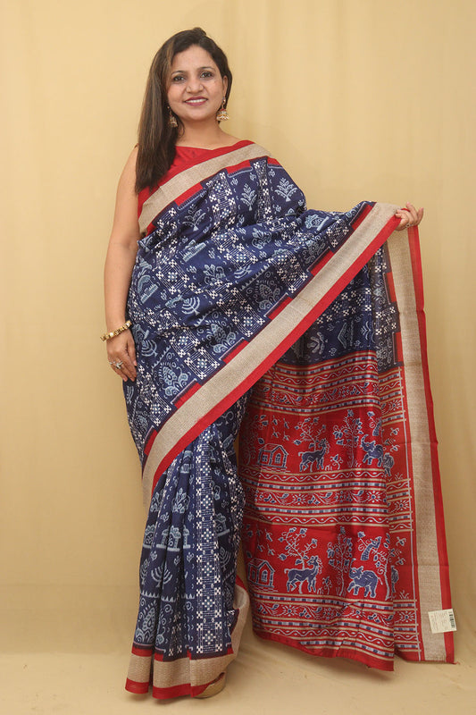 Blue Digital Printed Silk Sambalpuri Print Saree - Luxurion World