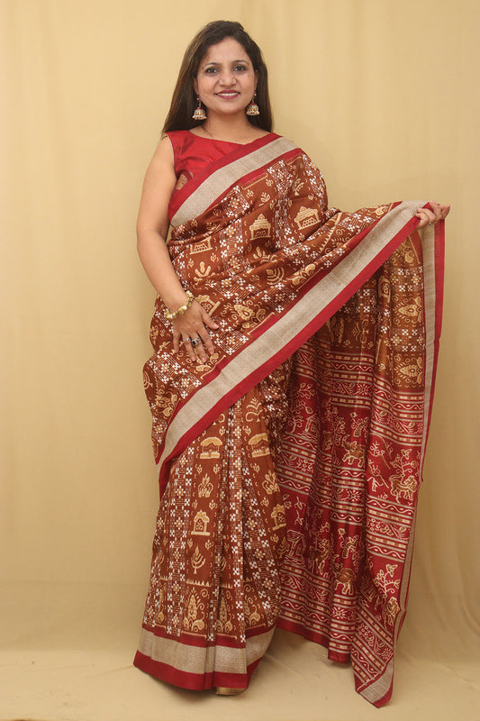 Brown Digital Printed Silk Sambalpuri Print Saree - Luxurion World