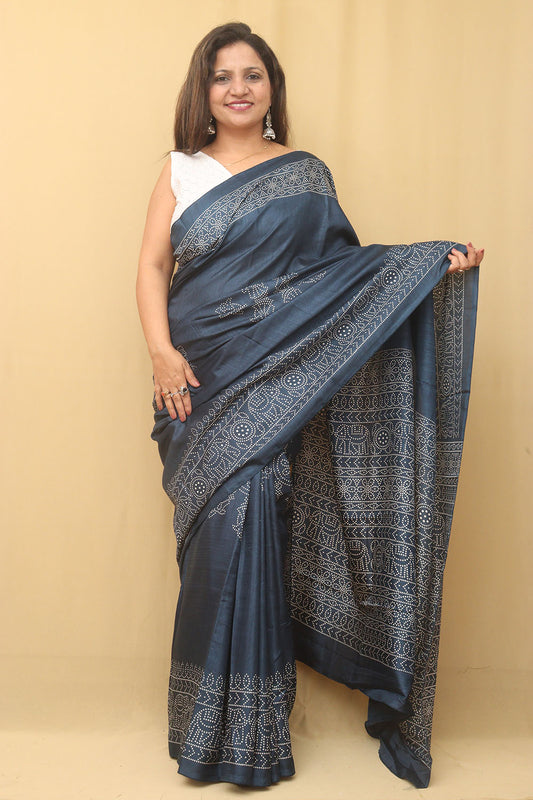 Blue Digital Printed Bandhani Design Silk Saree - Luxurion World