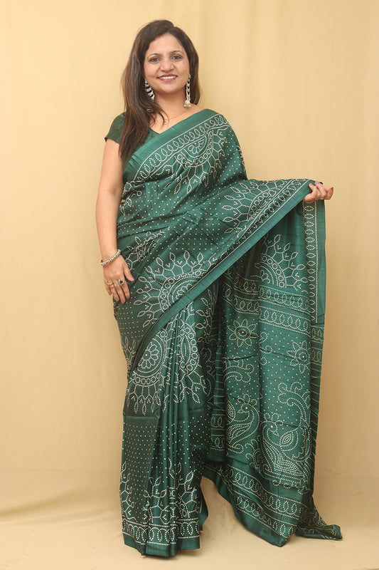 Green Digital Printed Bandhani Design Silk Saree - Luxurion World