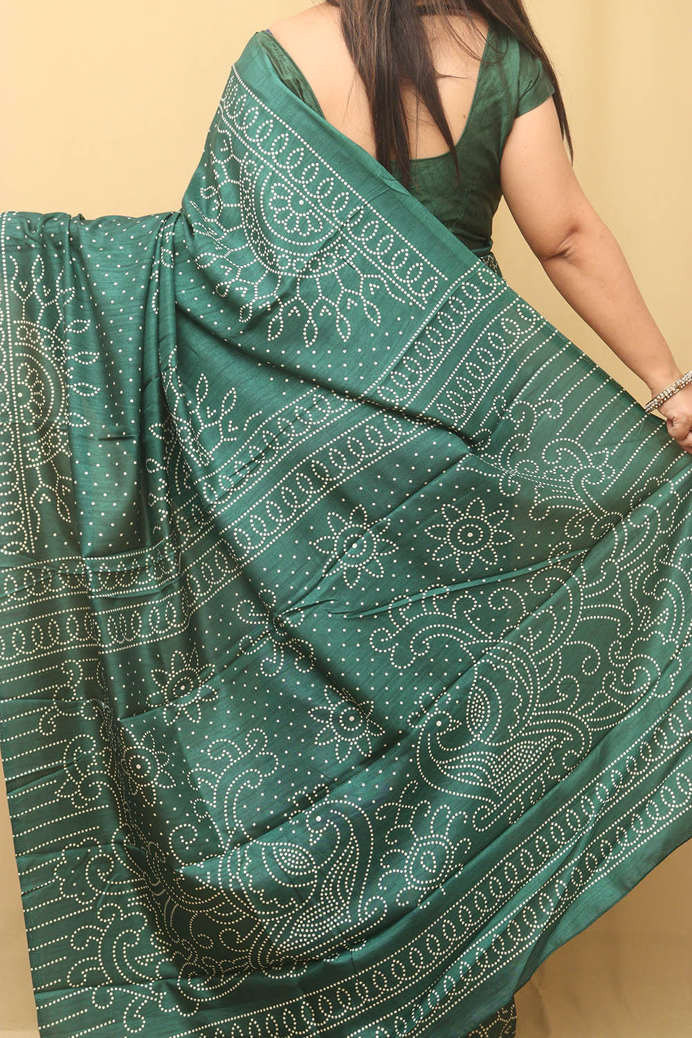 Green Digital Printed Bandhani Design Silk Saree - Luxurion World