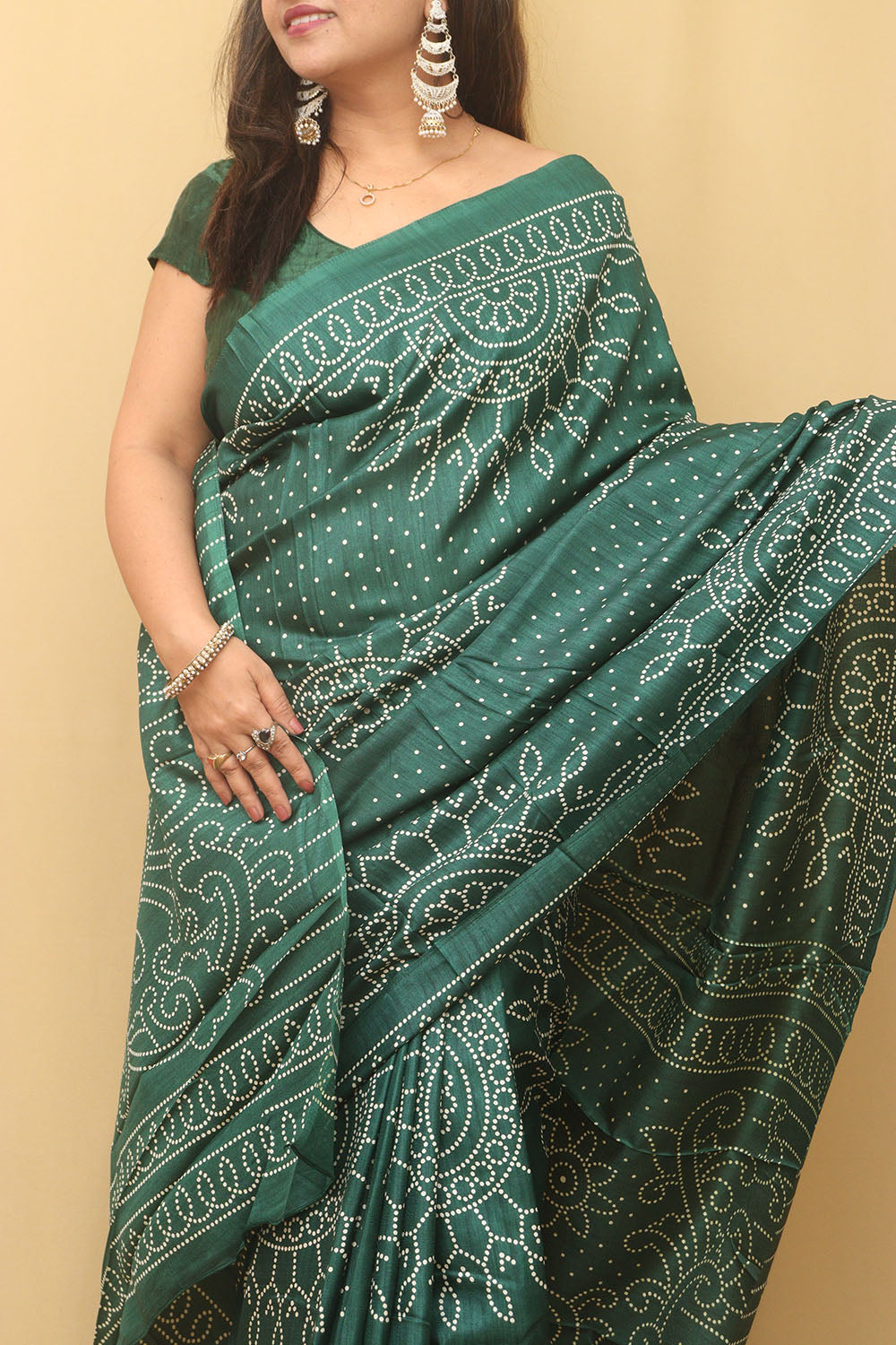 Green Digital Printed Bandhani Design Silk Saree - Luxurion World