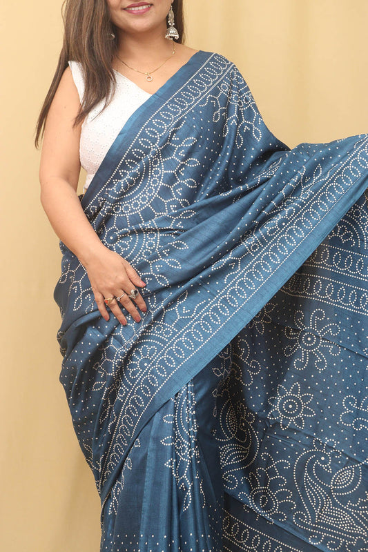 Blue Digital Printed Bandhani Design Silk Saree - Luxurion World