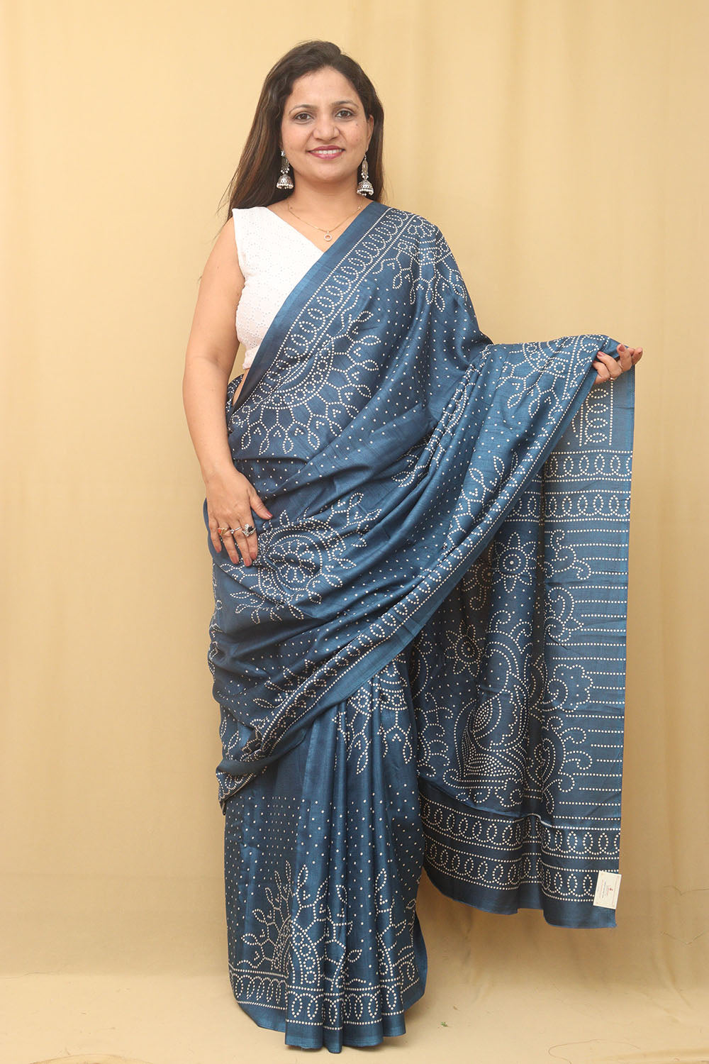 Blue Digital Printed Bandhani Design Silk Saree - Luxurion World