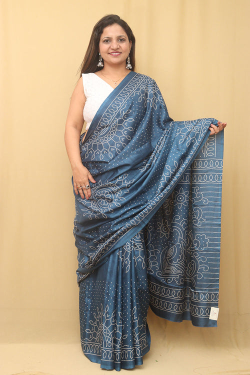 Blue Digital Printed Bandhani Design Silk Saree - Luxurion World