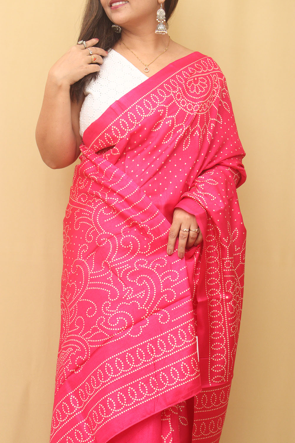 Pink Digital Printed Bandhani Design Silk Saree - Luxurion World