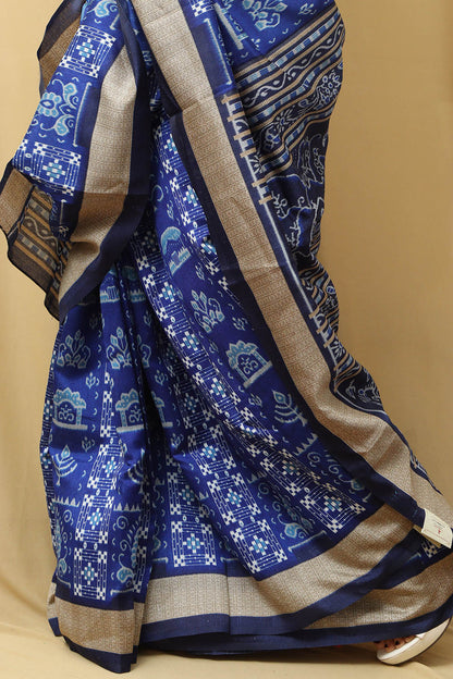 Stunning Blue Silk Sambalpuri Print Saree with Digital Print - Luxurion World