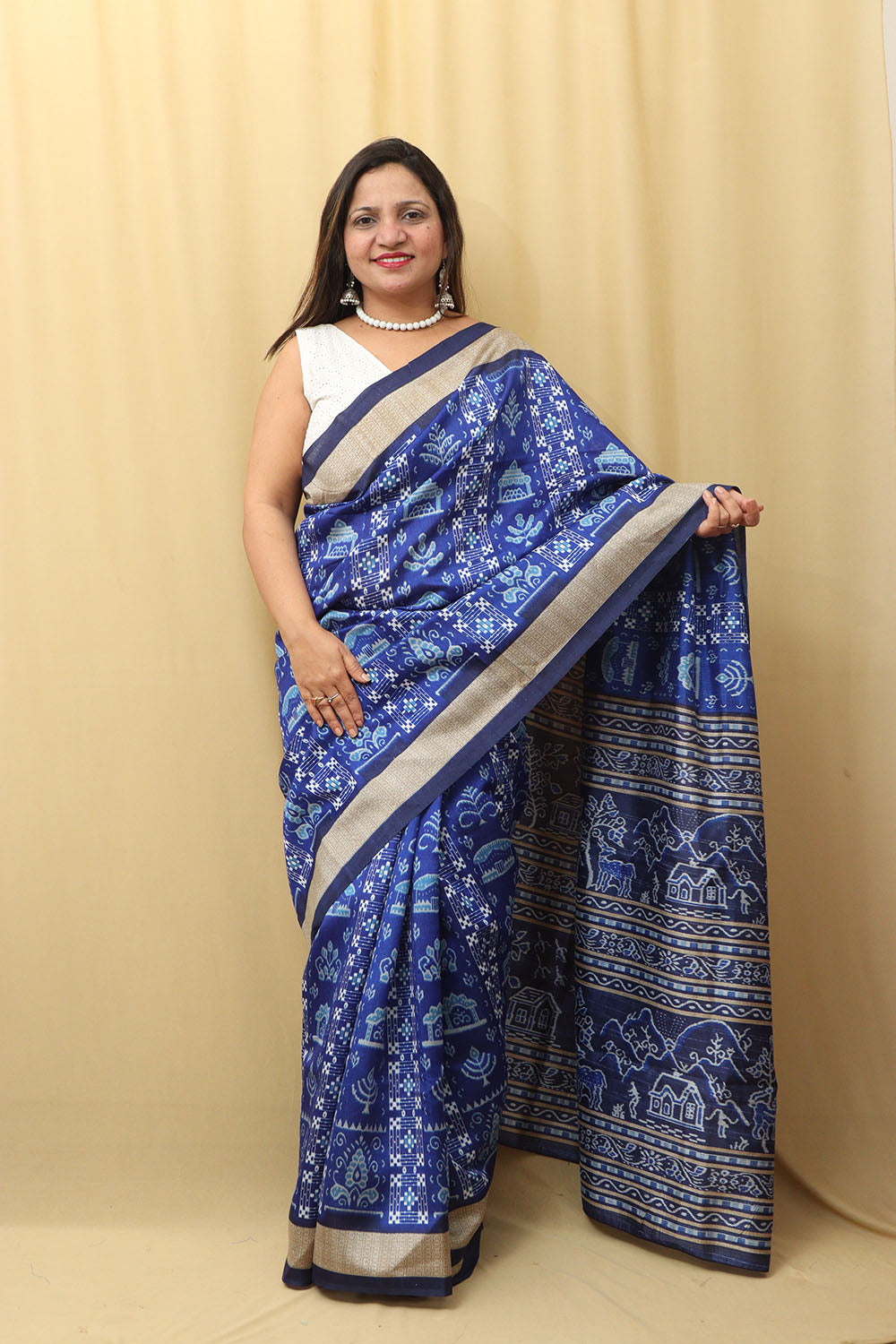 Stunning Blue Silk Sambalpuri Print Saree with Digital Print - Luxurion World