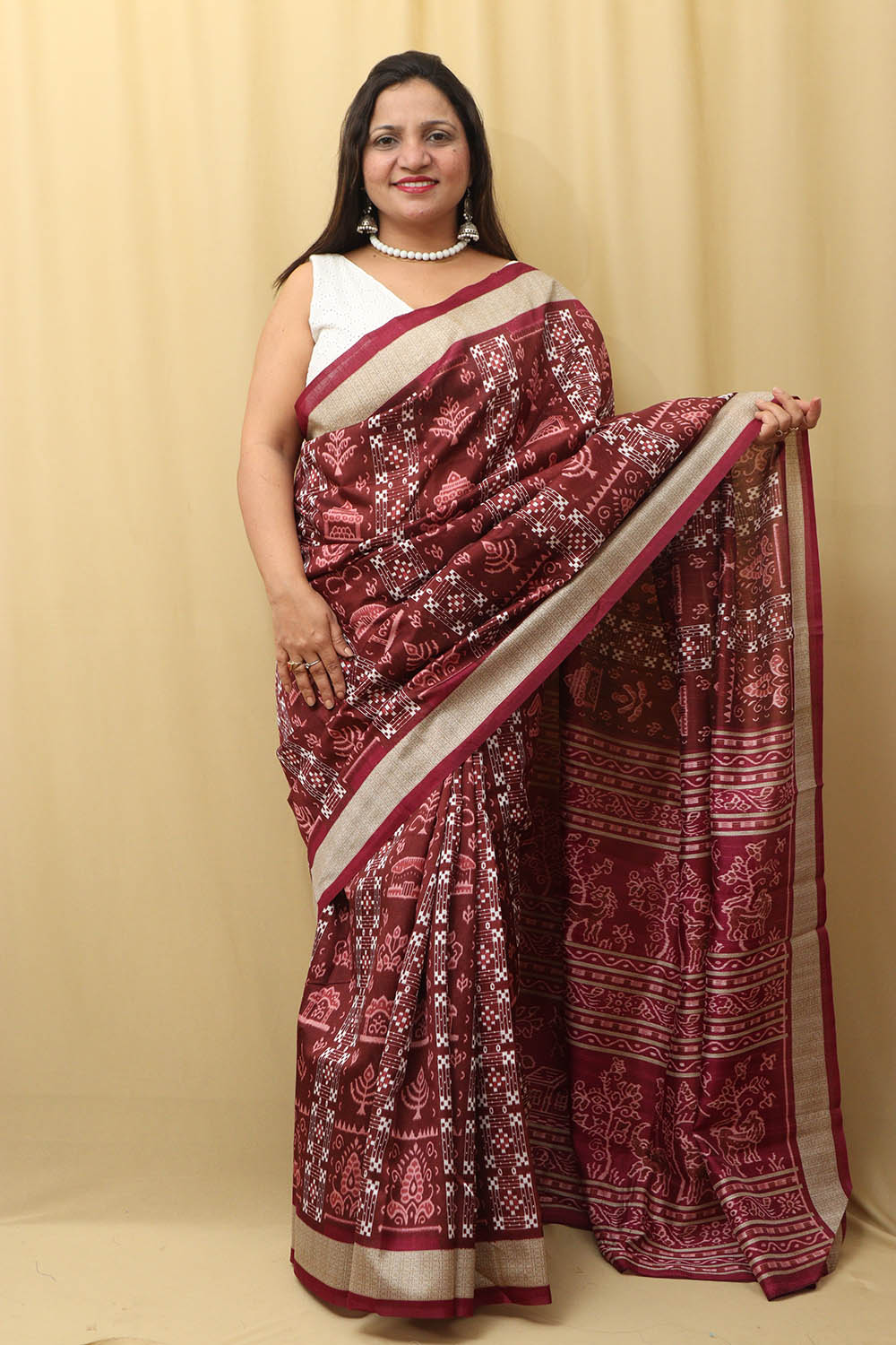 Elegant Maroon Silk Sambalpuri Print Saree: Digital Printed Beauty - Luxurion World