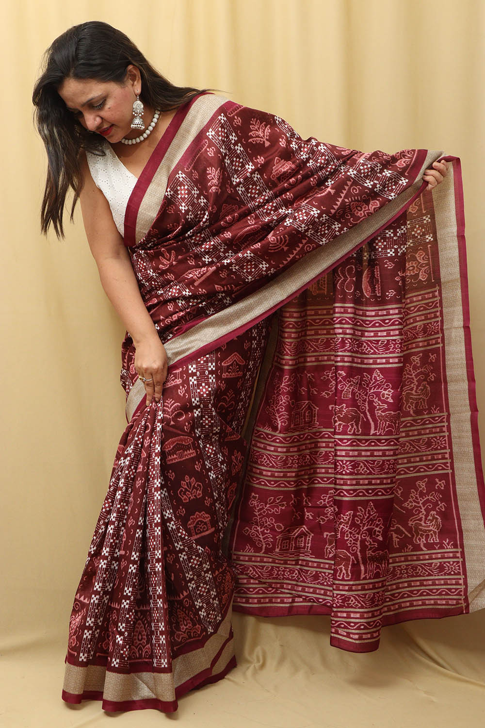 Elegant Maroon Silk Sambalpuri Print Saree: Digital Printed Beauty - Luxurion World