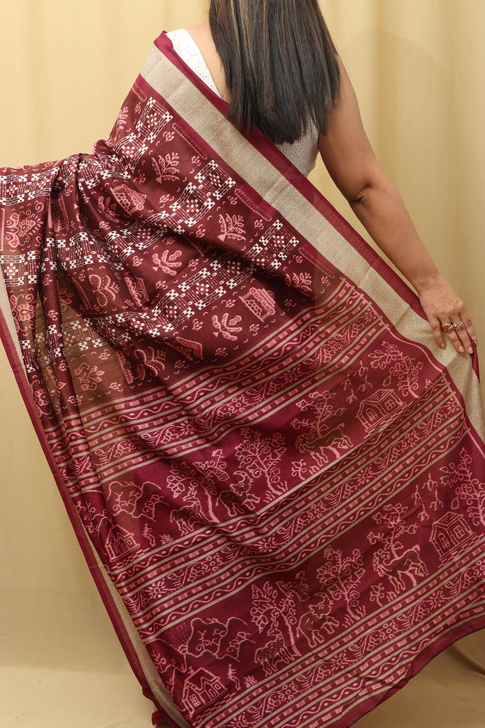 Elegant Maroon Silk Sambalpuri Print Saree: Digital Printed Beauty - Luxurion World