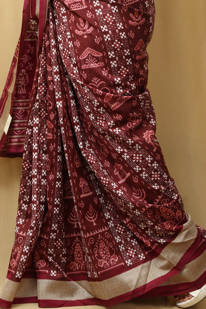Elegant Maroon Silk Sambalpuri Print Saree: Digital Printed Beauty - Luxurion World