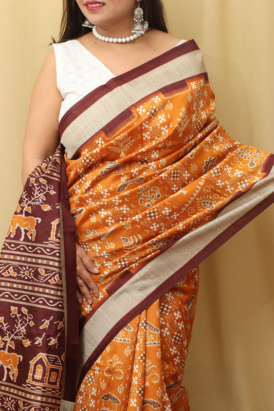 Stunning Yellow Silk Sambalpuri Print Saree: Exquisite Digital Print - Luxurion World