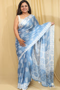 1 Min ready To Wear Blue Crepe Saree with Digital Print - Luxurion World