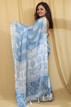 1 Min ready To Wear Blue Crepe Saree with Digital Print - Luxurion World