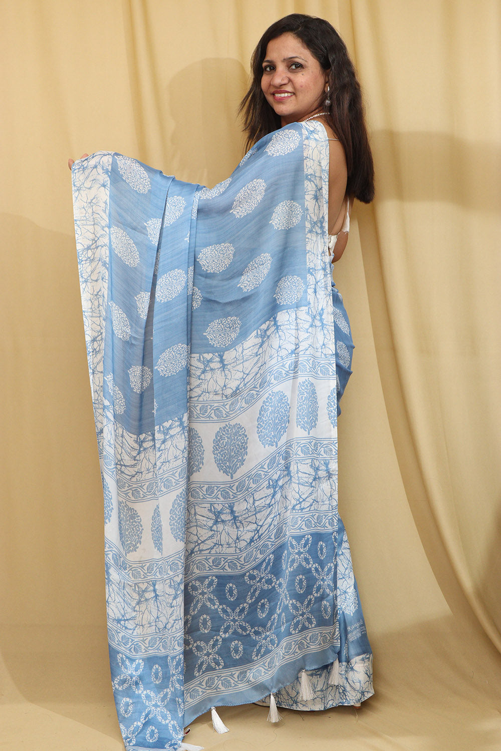 1 Min ready To Wear Blue Crepe Saree with Digital Print - Luxurion World