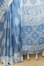 1 Min ready To Wear Blue Crepe Saree with Digital Print - Luxurion World