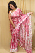 1 Min Ready to Wear - Pink Crepe Saree with Digital Print - Luxurion World
