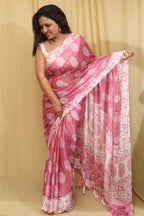 1 Min Ready to Wear - Pink Crepe Saree with Digital Print - Luxurion World