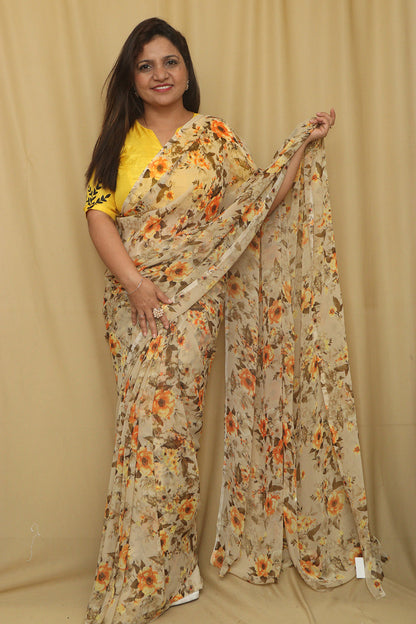 Pastel Digital Printed Georgette Saree With Plain Silk Blouse Piece Fabric - Luxurion World