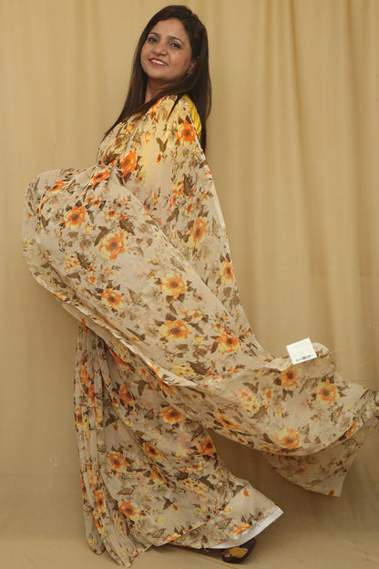 Pastel Digital Printed Georgette Saree With Plain Silk Blouse Piece Fabric - Luxurion World