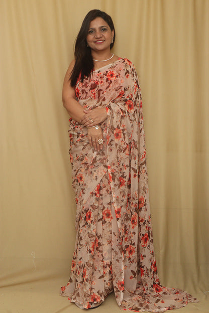 Pastel Digital Printed Georgette Saree With Plain Silk Blouse Piece Fabric - Luxurion World