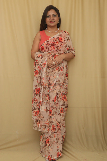 Pastel Digital Printed Georgette Saree With Plain Silk Blouse Piece Fabric - Luxurion World