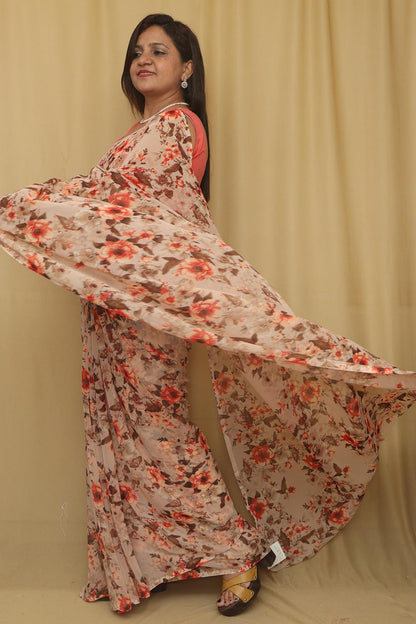 Pastel Digital Printed Georgette Saree With Plain Silk Blouse Piece Fabric - Luxurion World