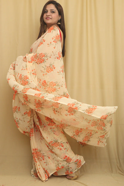 Pastel Digital Printed Georgette Saree With Plain Silk Blouse Piece Fabric - Luxurion World