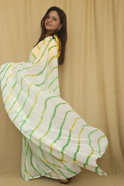 Elegant Off White Digital Printed Georgette Saree With Plain Silk Blouse Piece Fabric - Luxurion World