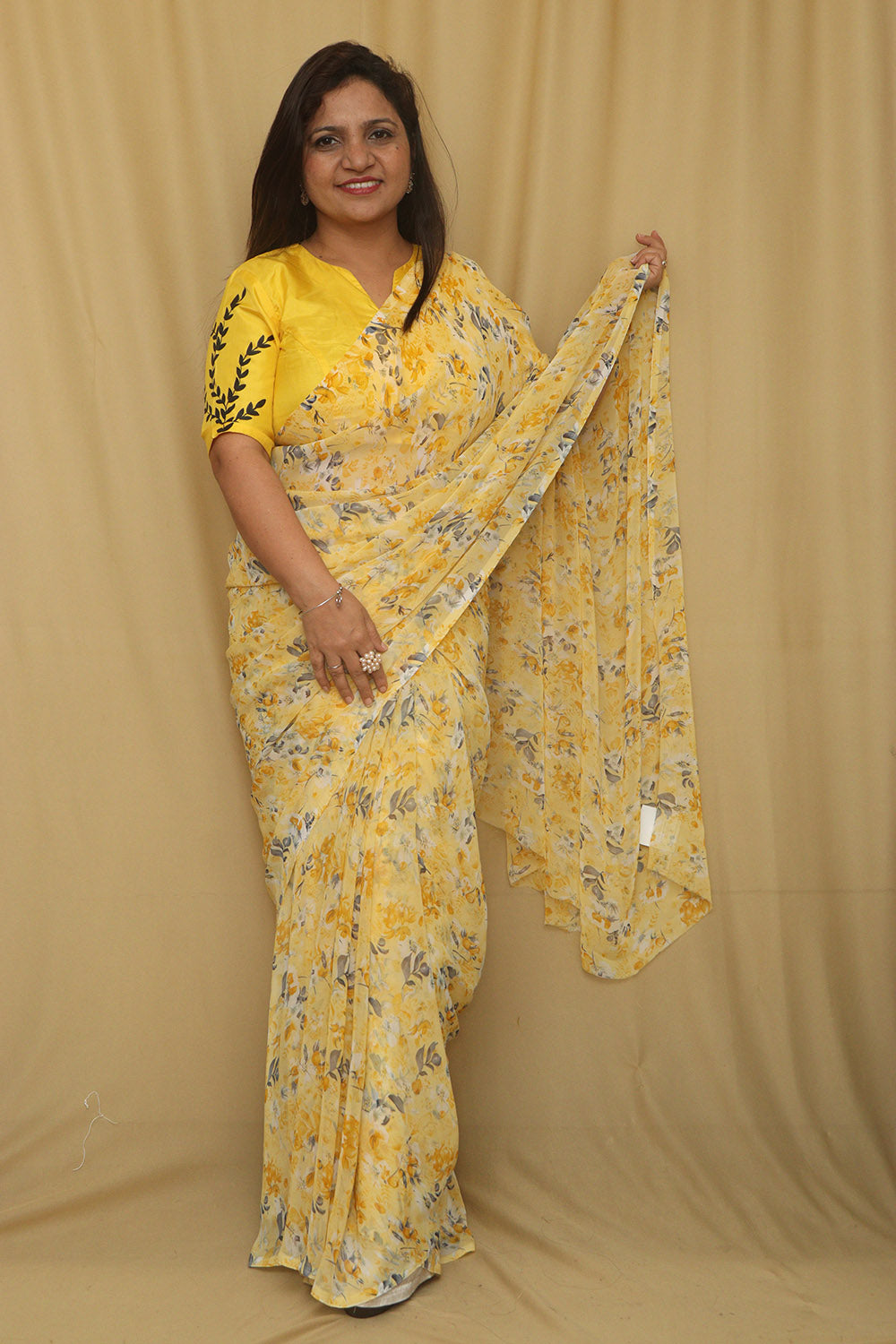 Yellow Digital Printed Georgette Saree With Plain Silk Blouse Piece Fabric - Luxurion World