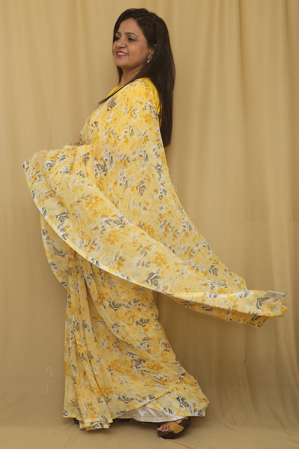 Yellow Digital Printed Georgette Saree With Plain Silk Blouse Piece Fabric - Luxurion World