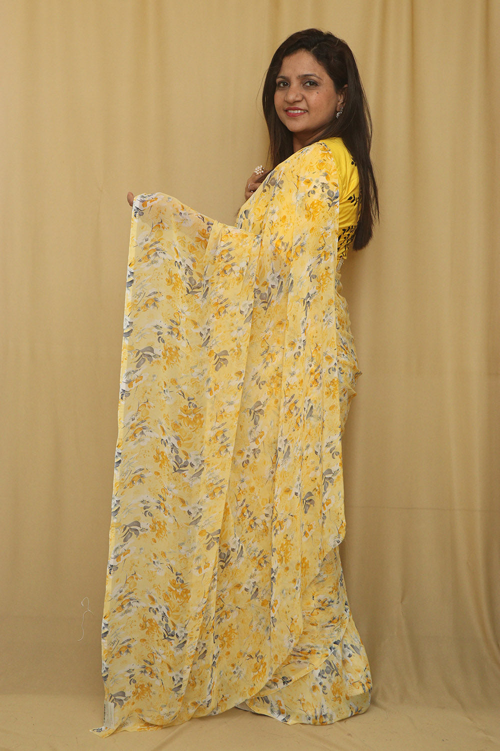 Yellow Digital Printed Georgette Saree With Plain Silk Blouse Piece Fabric - Luxurion World