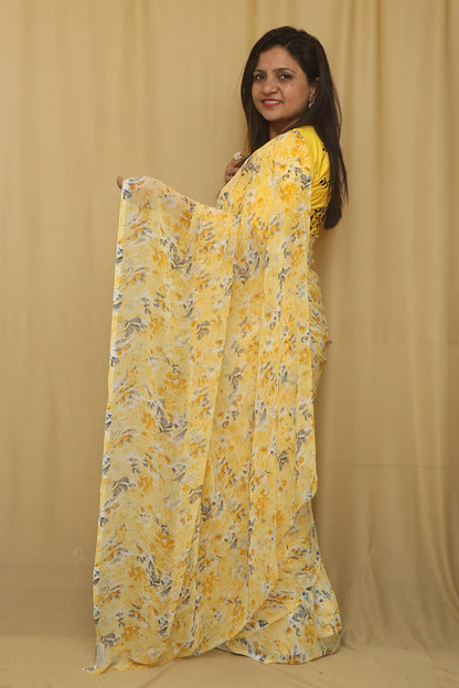 Yellow Digital Printed Georgette Saree With Plain Silk Blouse Piece Fabric - Luxurion World