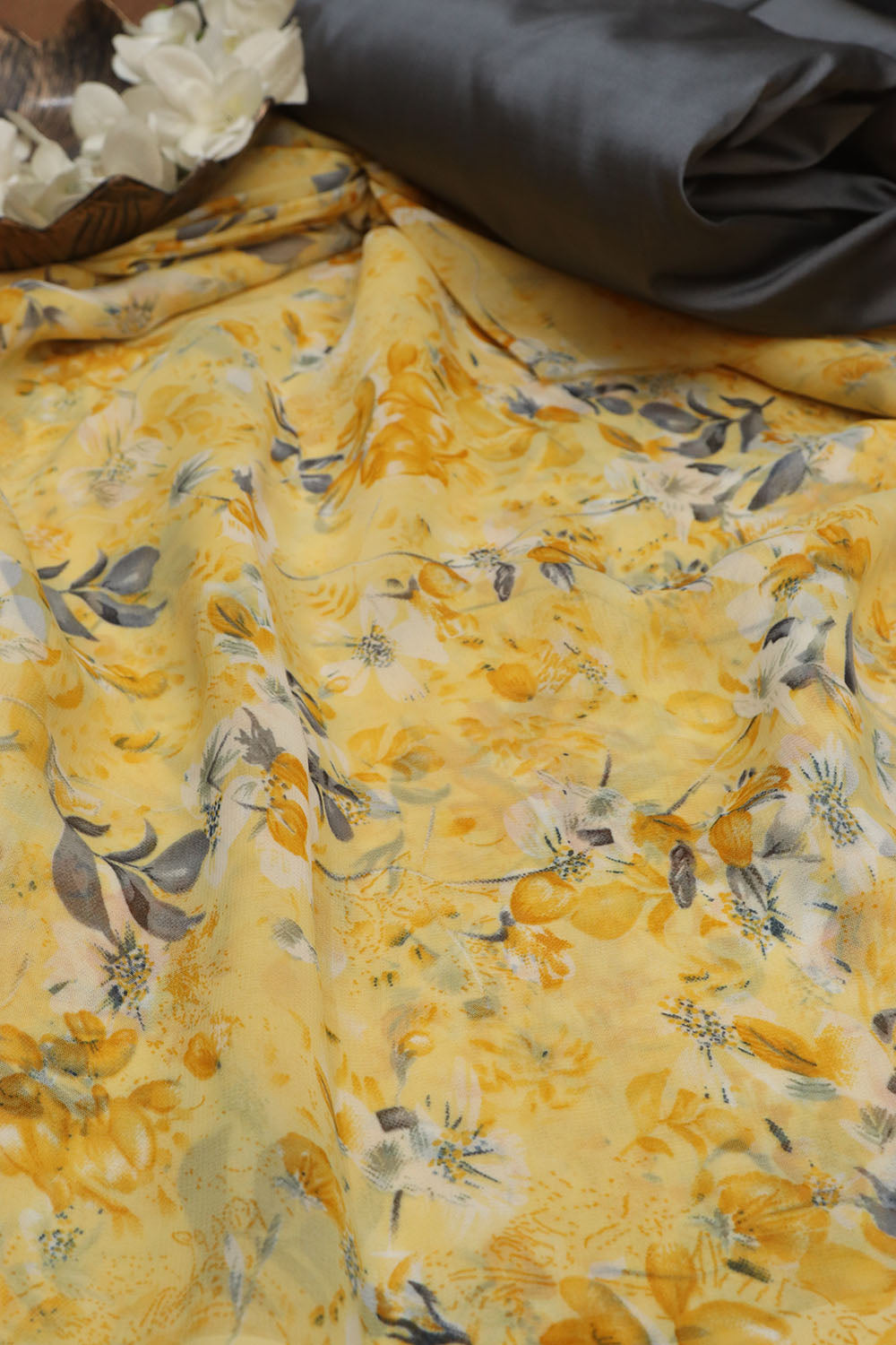 Yellow Digital Printed Georgette Saree With Plain Silk Blouse Piece Fabric - Luxurion World