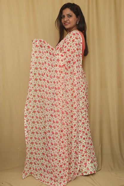 Elegant Off White Digital Printed Georgette Saree With Plain Silk Blouse Piece Fabric - Luxurion World