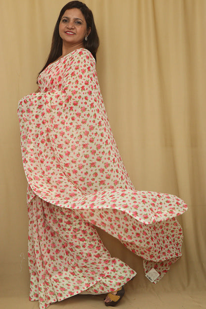 Elegant Off White Digital Printed Georgette Saree With Plain Silk Blouse Piece Fabric - Luxurion World